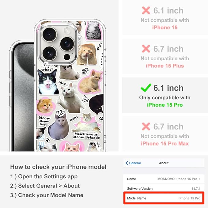 MOSNOVO Case for iPhone 15 Pro, [Buffertech 6.6ft Military-Grade Drop Protection] [Anti Peel Off Tech] Clear TPU Bumper Phone Case Cover Design - The Cat Brigade