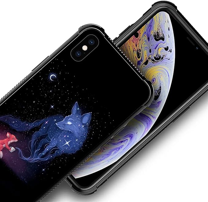 for iPhone X/Xs Case, Galaxy Fox Wolf Pattern Graphic Design Girl Boy Soft Silicone Hard Acrylic Shock Protection for iPhone X/Xs
