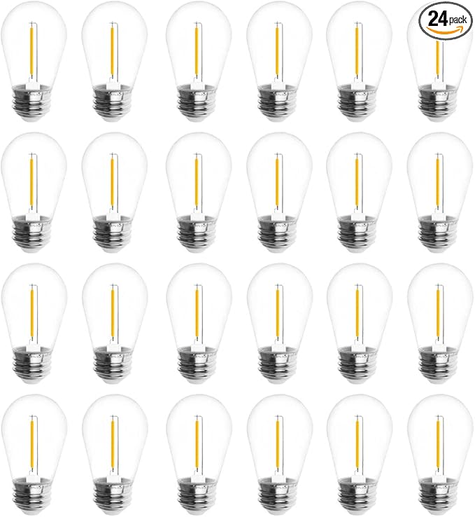 Jslinter 24-Pack LED 1W String Light Bulbs, S14 Plastic Shatterproof Edison Vintage Style Replacement 1 Watt Outdoor 2200K, Waterproof, Warm White Equivalent to 11w, e26 Base