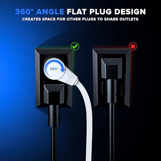 Maximm Cable 30 Ft 360° Rotating Flat Plug Extension Cord, 16/3 AWG Multi 3 Outlet 3-Prong Grounded Wire- White - UL Certified