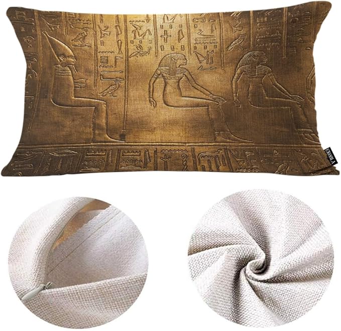 EKOBLA Egyptian Hieroglyphics Decorative Pillow Case Throw Pillow Covers Golden Art Symbol Historical Civilization Square Decorative Cushion Case for Couch Sofa Chair Bed Cotton Linen 12x20 Inch