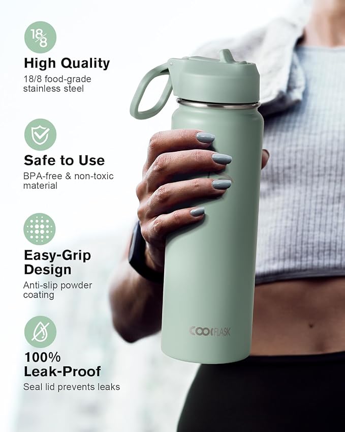 Coolflask Water Bottle 24 oz Insulated with Straw, Stainless Steel Metal 3 Lids Water Flask Wide Mouth for Sports or Office, Non-BPA Keep Cold Up to 48 Hrs or Hot Up to 24 Hrs, Grey Green