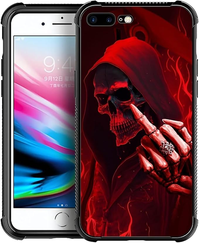 for iPhone 7 Plus/8 Plus Case, Gestures Funny Skull Pattern Graphic Design, Soft Silicone Hard Acrylic Shock Protection
