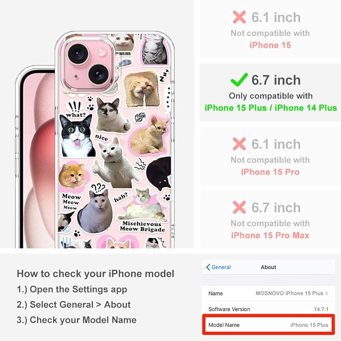 MOSNOVO Case for iPhone 15 Plus, [Buffertech 6.6ft Military-Grade Drop Protection] [Anti Peel Off Tech] Clear TPU Bumper Phone Case Cover Design - The Cat Brigade