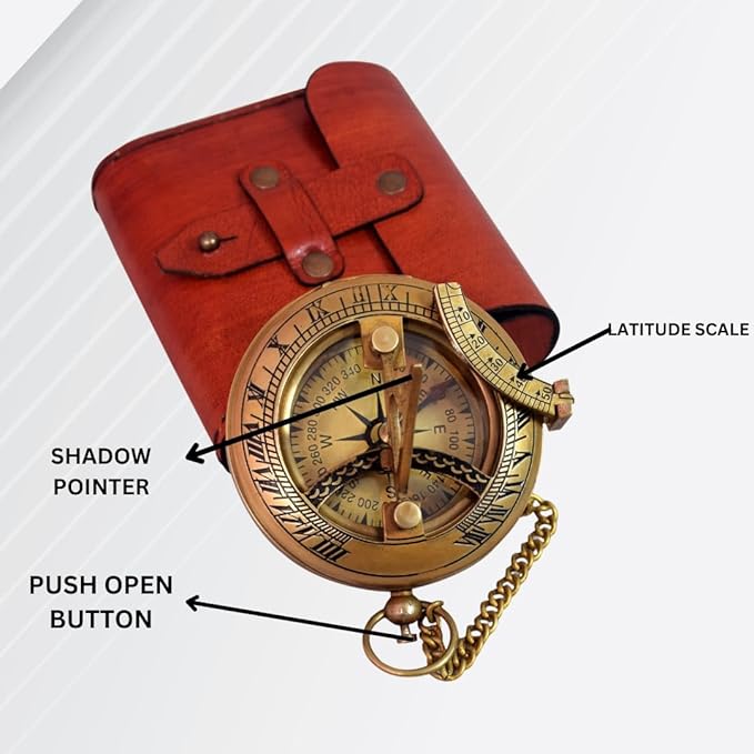 Vintage Brass Sundial Compass with Leather Case – Antique Nautical Navigation Tool, Engraved Marine Compass, Outdoor Hiking Camping Gift for Men, Father, Husband, Explorer