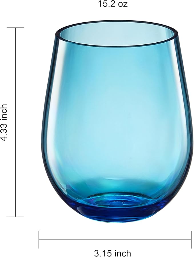 European Style Plastic Crystal Unbreakable Stemless Wine Glasses | Set of 12 | Acrylic Glasses Tritan Bright Color Shatterproof BPA-free, Outdoor, Pool, Indoor, Hand Wash 15oz Gift, Everyday & Holiday