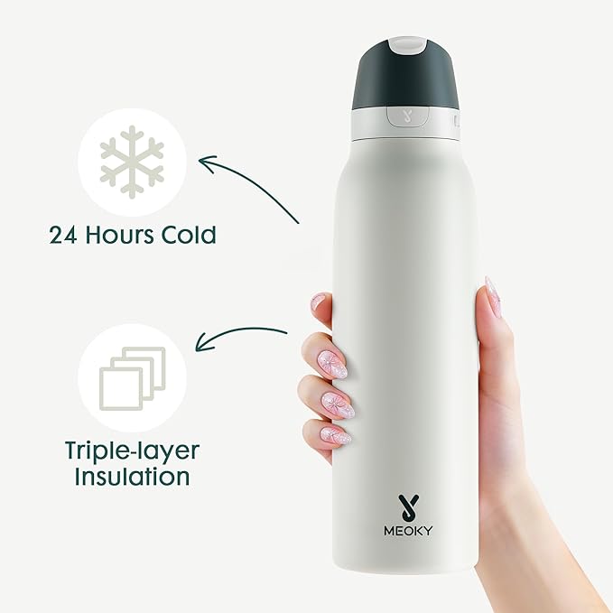Meoky 24 oz Travel Water Bottle Stainless Steel: Leak Proof Locking Lid, 2-in-1 Straw and Spout, 24 Hours Cold, Top Handle, BPA Free, Slim Insulated Water Bottle for Car Ourdoor, Frost