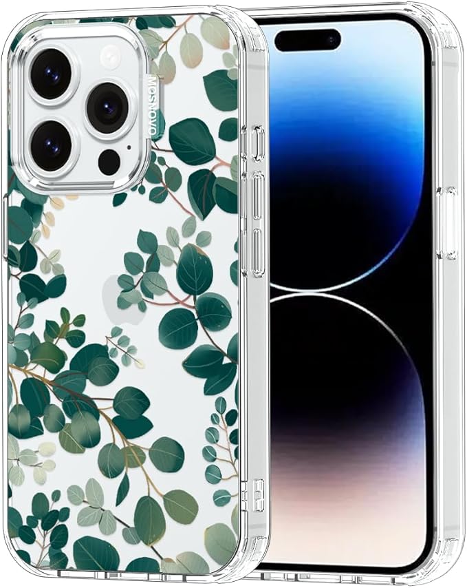 MOSNOVO Case for iPhone 14 Pro, [Buffertech 6.6ft Military-Grade Drop Protection] [Anti Peel Off Tech] Clear TPU Bumper Phone Case Cover Design - Eucalyptus