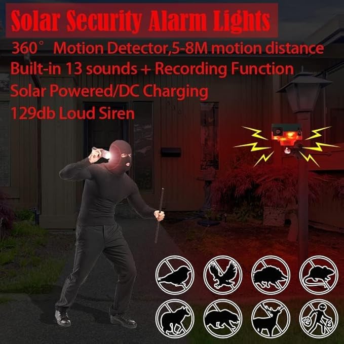 2Pack Solar Sensor Security Alarm Lights Outdoor,WONFAST 360° Motion Detector LED Flashing Strobe Light Warning Lamp Built-in 13Sounds,129db Loud Siren Sound for Home Farm Barn Villa Yard(Red)