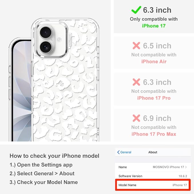 MOSNOVO for iPhone 17 Case | Military Grade 6.6ft Drop Tested | Camera Control | Clear with White Leopard Print Design
