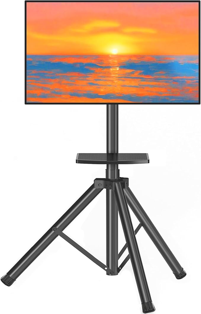 Tripod TV Stand with Shelf for 23-75 inch TVs up to 100 lbs, Outdoor TV Stand with ±15° Tilt, Height Adjustable Portable TV Tripod with Safety Design, Max VESA 600x400m