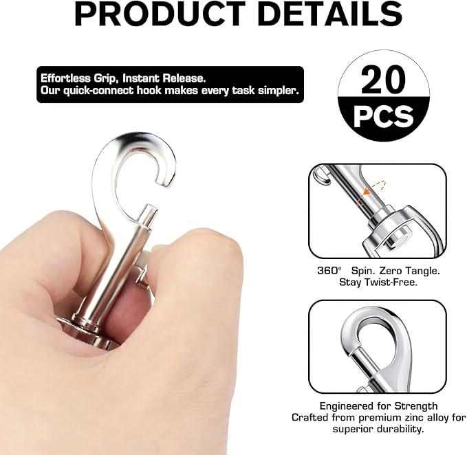 Swivel Snap Hooks, Lucky Goddness 20pcs Metal Heavy Duty Square Eye Clasp Buckle Trigger Clip Multipurpose- Best for Spring Pet Buckle, Key Chain for Linking Dog Leash Collar, Handmade Crafts Project