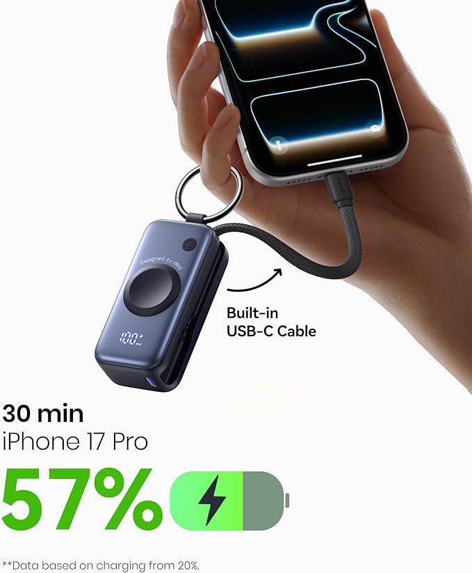 INIU SnapGo Mini Portable Charger, Power Bank for Apple Watch and iPhone, 5000mAh 20W PD Fast Charging Flight-Safe Travel Essential Battery Pack for Apple Watch Ultra 11 10 9 8 SE, iPhone Air 17 16 15