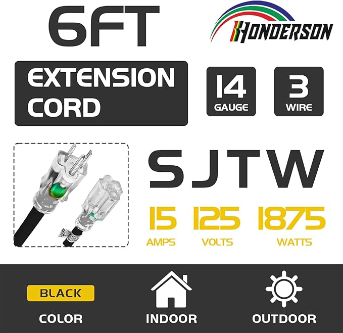 Indoor Outdoor Extension Cord Weatherproof with Lighted End, UL Certified, 14 Gauge 6FT Black 3 Prong Heavy Duty, 14/3 SJTW 15A Power Cord for Outdoor Lights, Lawn
