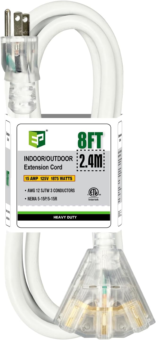 EP 6FT 12 Gauge Heavy Duty Extension Cord, 15A 125V 1875W, 3 Outlet Indoor/Outdoor Power Cord with Lighted End, 12/3 SJTW Weatherproof White, ETL Listed