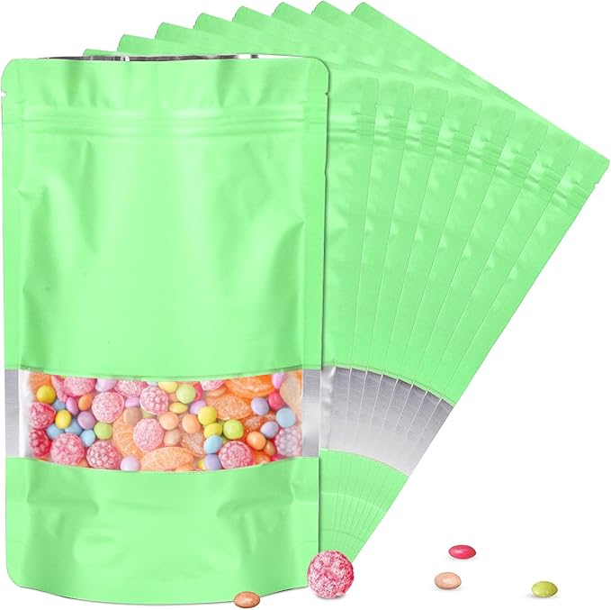 5.9"x8.6" 120pcs Mylar Bags for Food Storage,Smell Proof Bag with Matte Window Resealable Food Storage Bags for Small Business, Stand-up Foil Pouch Packaging Freeze Dried Candy Bag(Light Green)