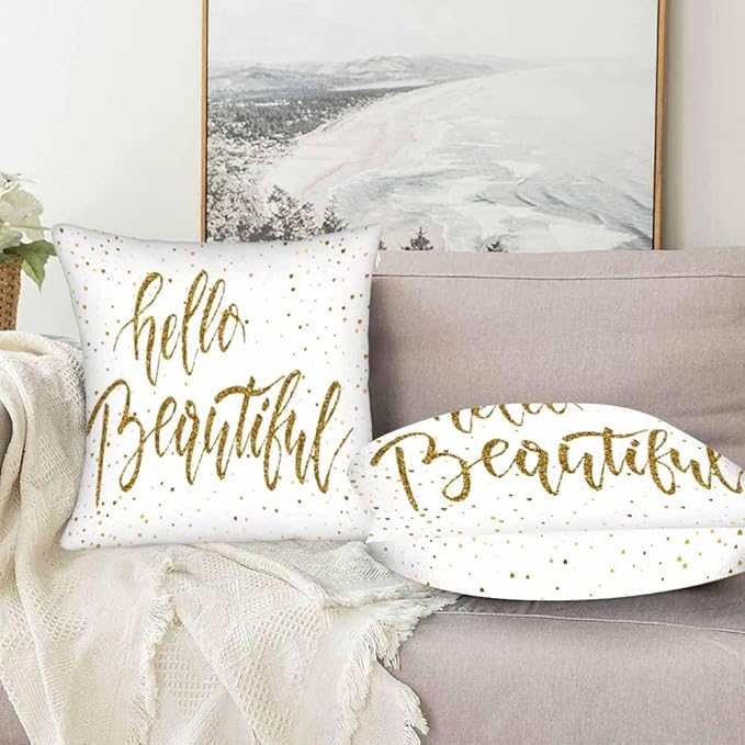 Hello Beautiful Bling Pillow Covers 18 X 18 Gold Glitter Motivational Quote Set of 2 Pillow Cases Square Velvet Outdoor Throw Cushion Pillowcases Decorative for Home Bed Sofa Couch Hotel