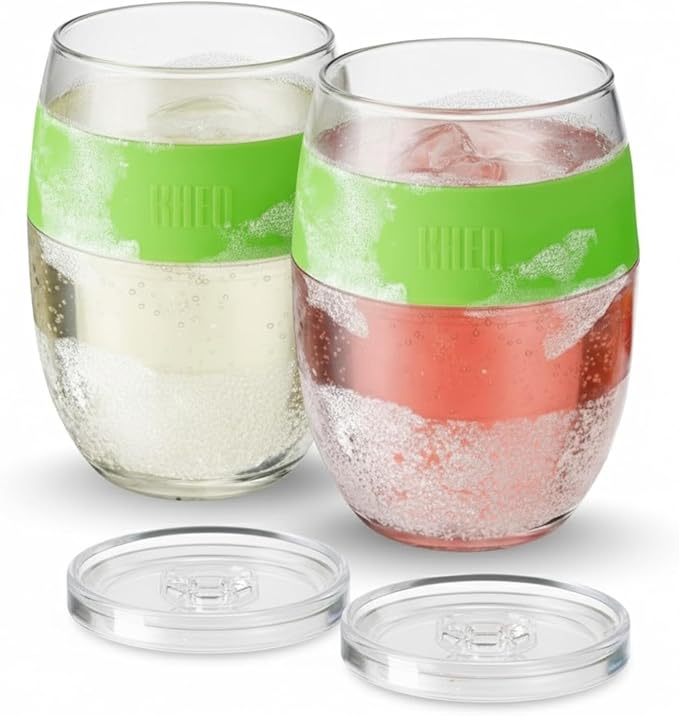 Freezable Wine Tumbler Set with Lids & Green Grip - 2 Set - 13 oz Tumblers Insulated Cooling Gel Glasses – Reusable Double Wall Stemless Cups for Keeping Drinks Cold, Outdoor Entertaining & Gifts