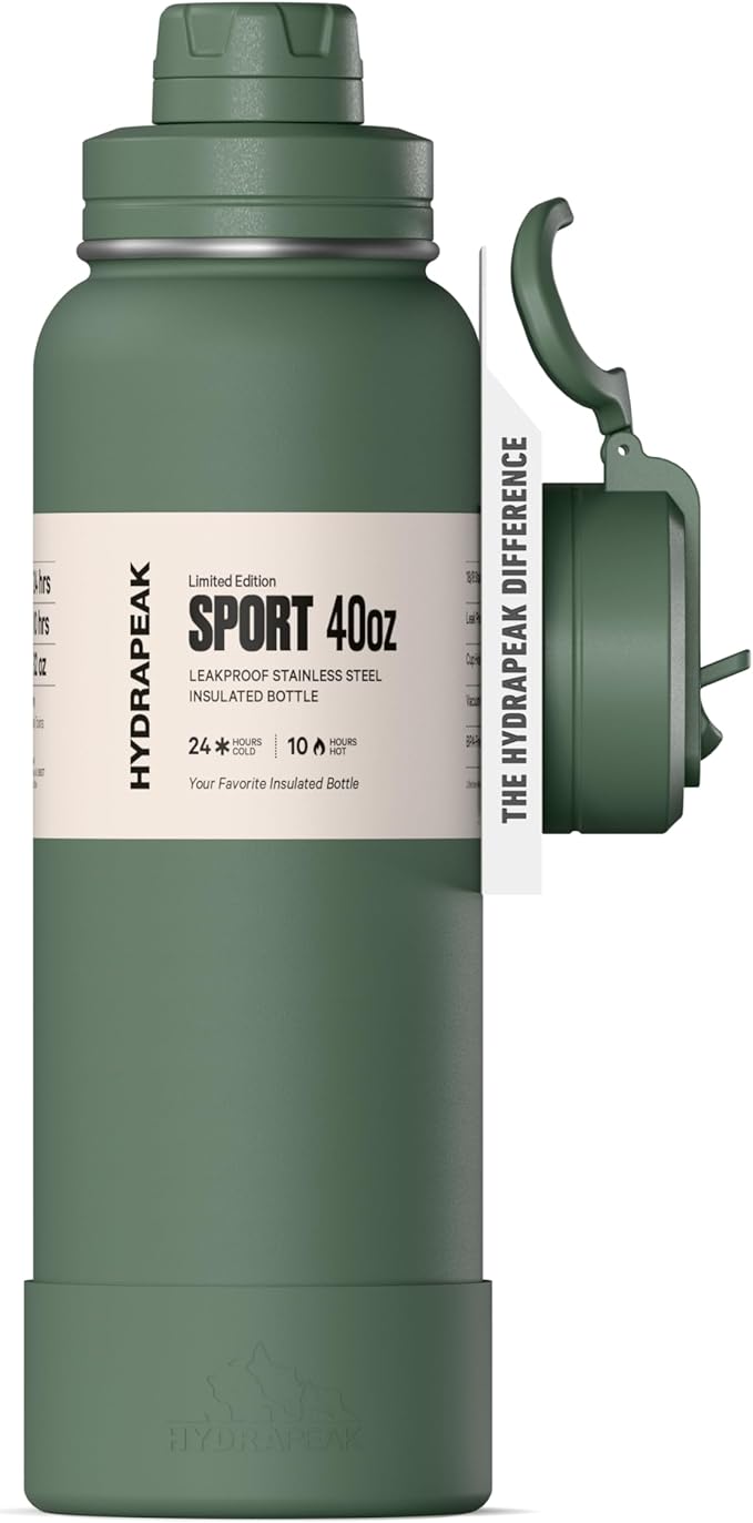 Hydrapeak 40oz Sport Insulated Water Bottle with Straw & Chug Lid, Leak & Spill Proof, Keeps Drinks Cold for 24 Hours, Hot for 12 Hours, Premium Stainless Steel Water Bottles (40oz, Sage Leaf)