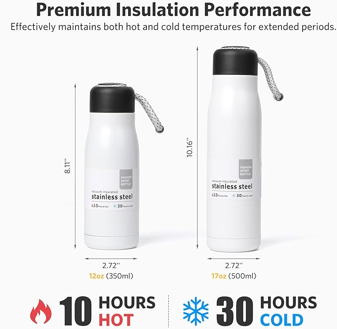 Small Water Bottle 12 oz, Dusgut Insulated Water Bottle, Stainless Steel, Wide Mouth Portable Lid, Ice White