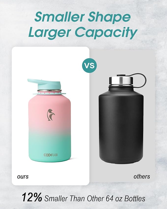 Coolflask Half Gallon Water Bottle with Strap, 64oz Insulated Water Jug Stainless Steel with Straw & Spout Lids, Metal Large Water Flask, Keep Cold 48h Hot 24h, Leak Proof, Non-BPA, Bubblegum Princess