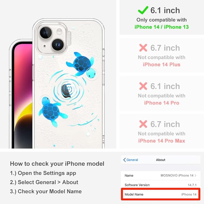 MOSNOVO for iPhone 13/14 Case | Military Grade 6.6ft Drop Tested | Clear with Space Turtle Design