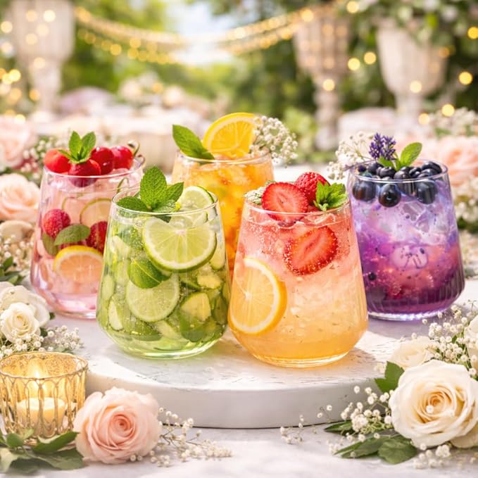 40 count 12 Ounce Ribbed Cups Origami Unbreakable Stemless Plastic Wine Champagne Whiskey Glasses Elegant Durable Disposable Indoor Outdoor Ideal for Home, Office, Bars, Wedding, Ripple (Clear)