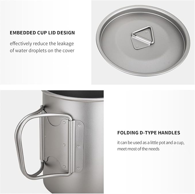 TiTo Titanium Cup Titanium Pot with Lid Ultralight Portable 450ml Foldable Handle Camping Tea Coffee Water Mug for Outdoor Backpacking Hiking Picnic Drinkware with Mesh Sack (Titanium)