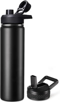 Fijinhom 24 oz Insulated Water Bottle with Handle, 304 Stainless Steel Water Bottles with 2 Lids, Double Wall Vacuum Sports Water Cup with Straw, BPA Free, Keep Cold and Hot, Black