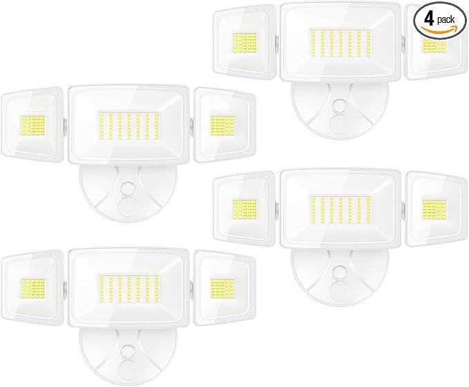 Onforu 4 Packs 75W Flood Lights Outdoor, 7000LM Brightness Security Lights, 3 Adjustable Heads, IP65 Waterproof, 6500K Wall Mount Exterior LED Flood Light (White)
