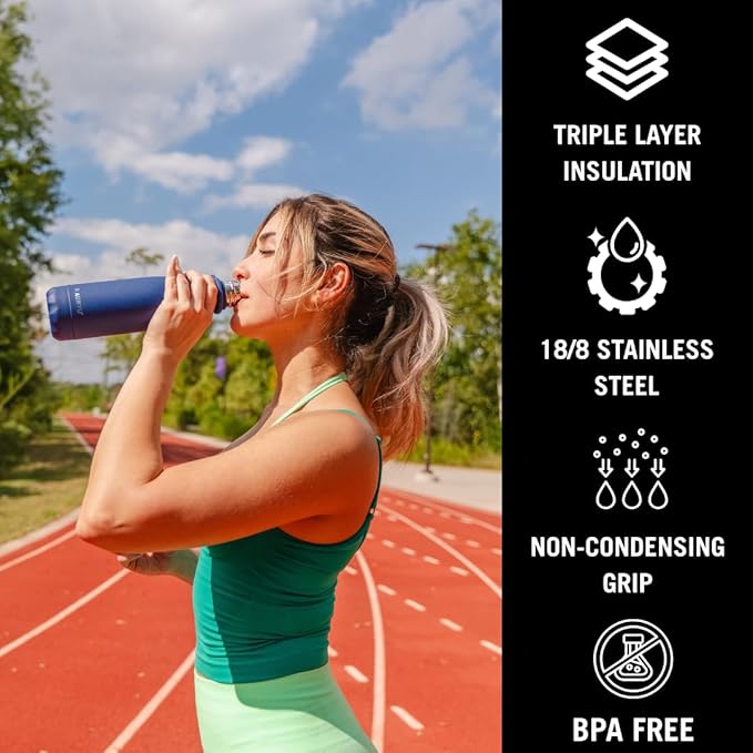 Triple-Walled Insulated Stainless Steel Water Bottle with Bonus Handle, 17oz, Drinks Cold for 24h & Hot for 12h, Leak Proof, Navy Blue
