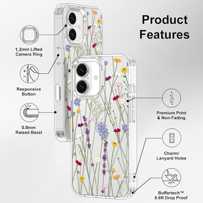 MOSNOVO for iPhone 17 Case | Military Grade 6.6ft Drop Tested | Camera Control | Clear with Floral Garden Design