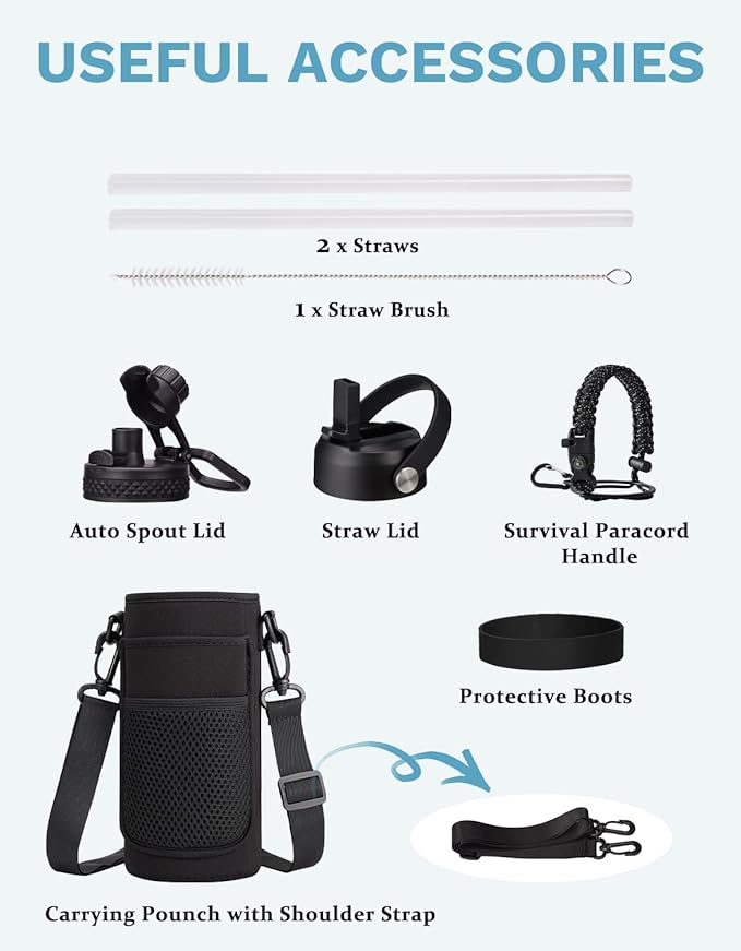 BENZZO 32 oz Insulated Water Bottle with Straw - Pop-up Spout Lid, Paracord Handle, Carrier Bag with Strap, Leak Proof Stainless Steel Water Bottle 32oz, Cold Flask Jug for Traveling Hiking
