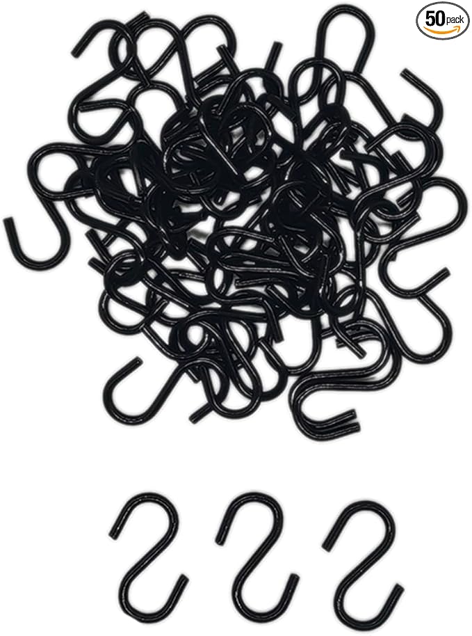 50pcs 1 Inch Black Iron Mini S Hooks Multipurpose Hangers for Jewelry Kitchenware and Plants