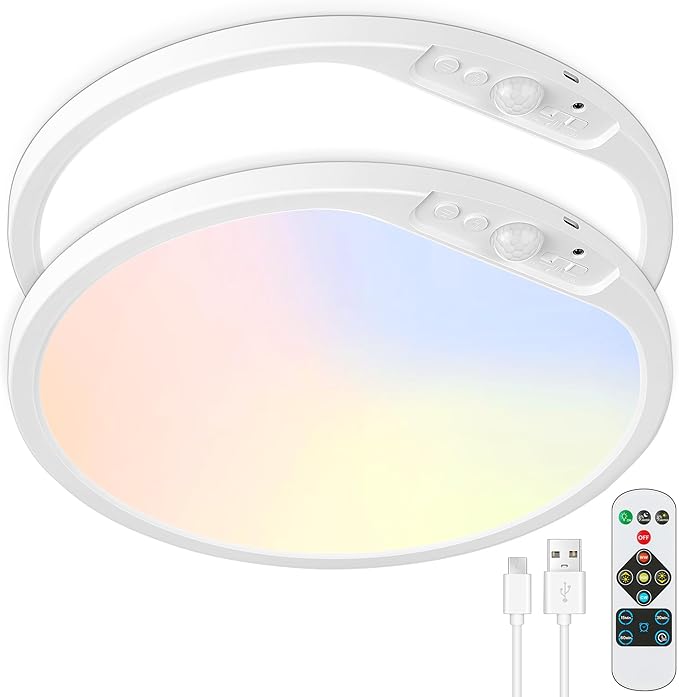 SunRider 12 Inch Rechargeable Motion Sensor LED Ceiling Light with Remote, Wireless Dimmable 3CCT Battery Operated LED Closet Lights for Stair, 2-Pack