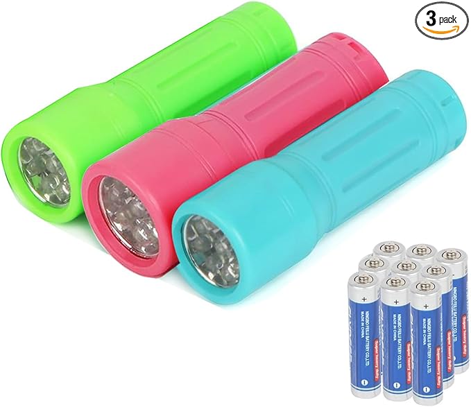 3 Pack 9-LED Mini Flashlight Bulk, Small Multicolor Flashlights with Lanyard, 9 AAA Batteries Included, for Hurricane Supplies Halloween Gifts Stocking Stuffers