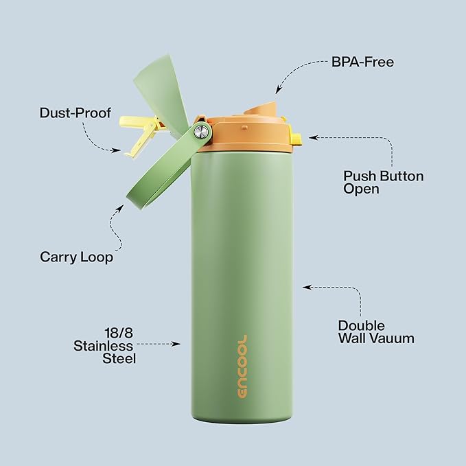 Insulated Water Bottle with Straw - Encool Stainless Steel Water Bottle with Push Button Lid, Leak-Proof & BPA-Free, Keeps Cold for 24 Hours for Sports, Travel, Gym (24 oz, Lichen-Yellow)