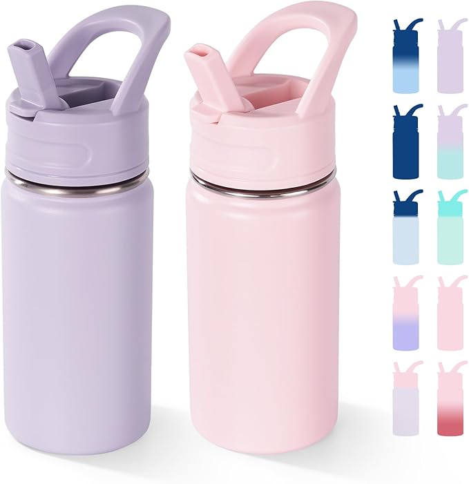 Fijinhom 12oz Water Bottle with Straws, Stainless Steel Vacuum Insulated Water Bottle Leak-Proof, BPA-Free, Purple + Pink