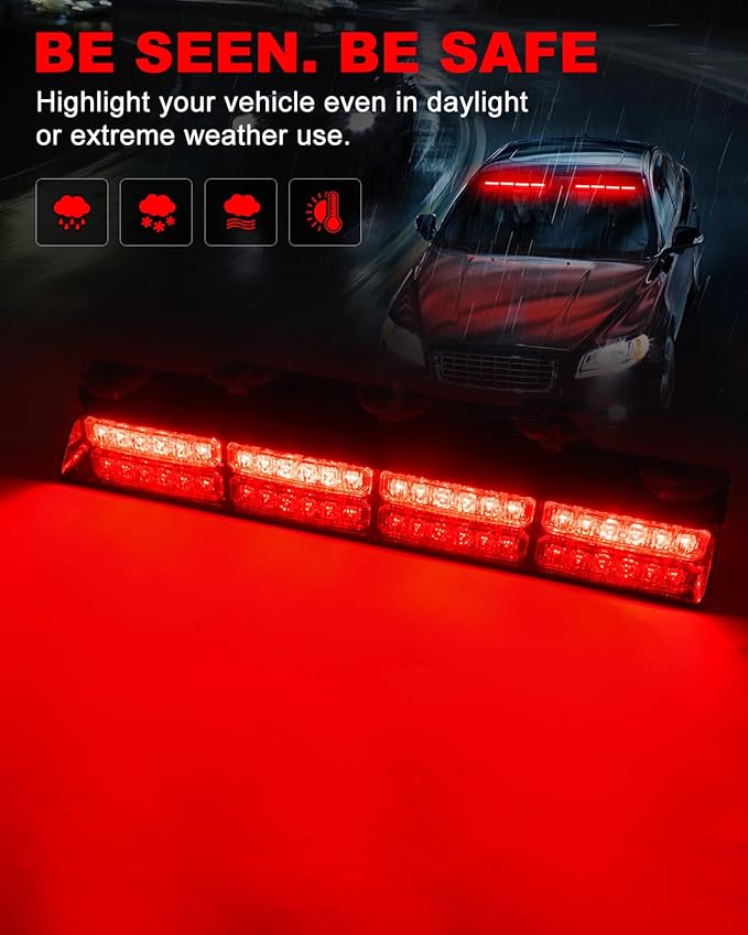 HLauto 6Z4J Emergency Dash Strobe Lights: 2x16.8 inch Red Safety Lights, 48 LED Flashing Warning Hazard Interior Windshield Visor Traffic Light Bar for Trucks, Construction Vehicles