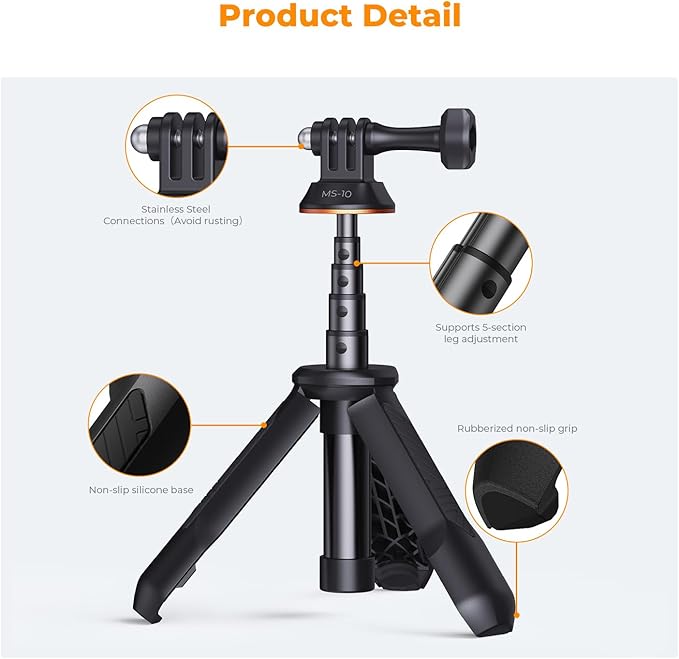 K&F CONCEPT 33.5cm/13.2" Selfie Stick Tripod, Portable Vlog Handle Grip Action Camera Selfie Stick for GoPro Hero 13/12/11/10/9/8/Max, DJI Osmo Action 5/4/3/2/1. (Black)