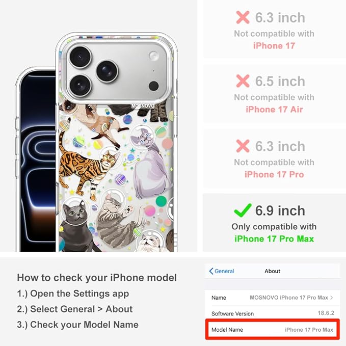 MOSNOVO for iPhone 17 Pro Max Case | Military Grade 6.6ft Drop Tested | Camera Control | Clear with Space Cat Design