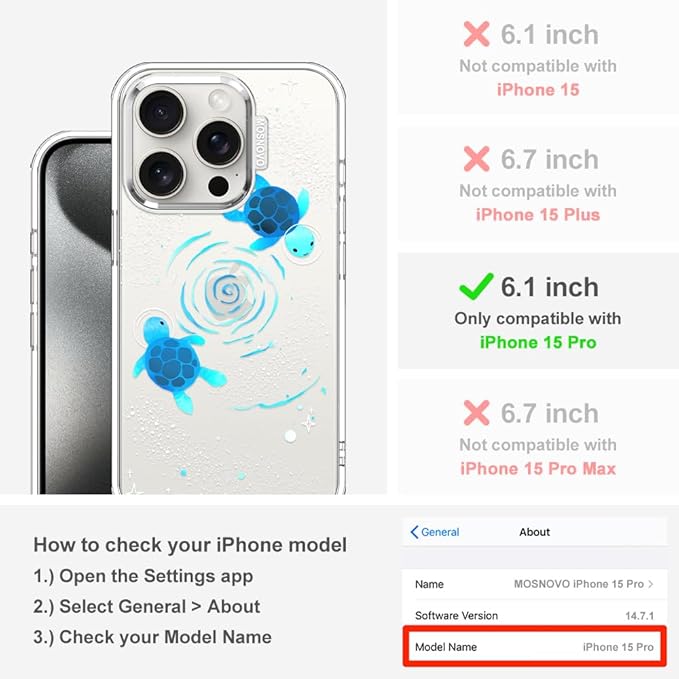 MOSNOVO Case for iPhone 15 Pro, [Buffertech 6.6ft Military-Grade Drop Protection] [Anti Peel Off Tech] Clear TPU Bumper Phone Case Cover Design - Space Turtle