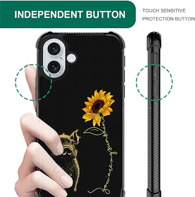 for iPhone 16 Case, Pig Sunflower Yellow Sunshine Pattern Graphic Design Girl Boy Soft Silicone Hard Acrylic Shock Protection for iPhone 16