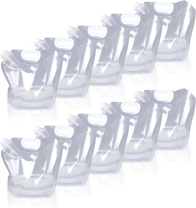 Soddeph Collapsible Water Container Bag, BPA Free Food Grade Clear Plastic Storage Jug for Sport Camping Riding Mountaineer,Freezable, Food Grade (10-pack-1.3 Gal)