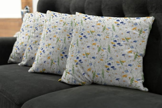 Ambesonne Flower Decorative Throw Pillow Case Pack of 4, Wild Flowers Poppies and Daisies Rural Nature Scenery in Meadows Rustic, Cushion Cover for Couch Living Room Car, 18", Yellow White