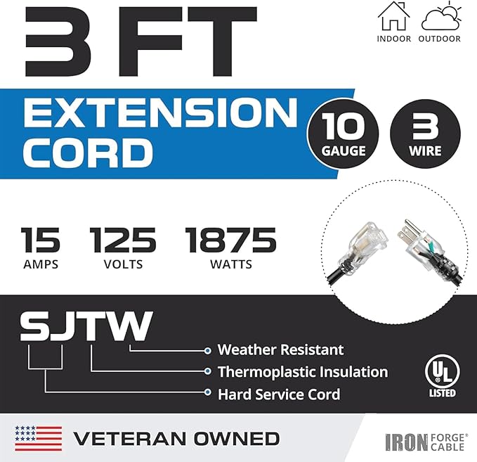 Iron Forge Cable 3 ft Lighted Outdoor Extension Cord - 10 Gauge Heavy Duty Extension Cord, 15 AMP, 10/3 Black Power Cable SJTW Weatherproof 3 Prong Grounded Plug for Safety