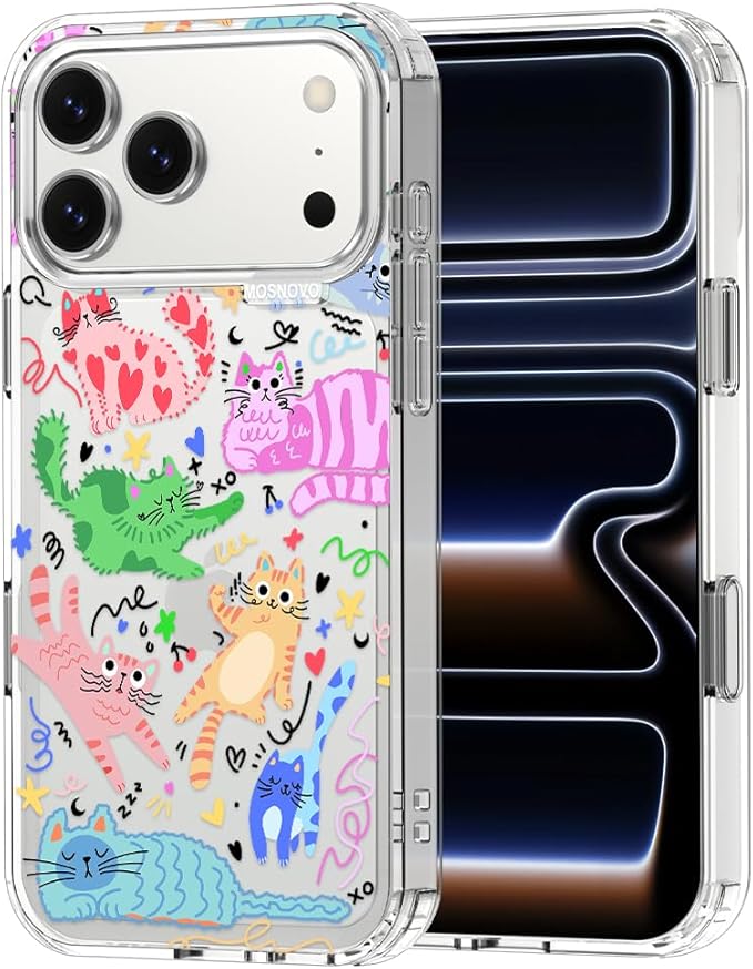 MOSNOVO for iPhone 17 Pro Max Case, Shockproof Military-Grade Protection 6.6ft Drop Tested, Camera Control, Clear Phone Case for iPhone 17 Pro Max, Doodle Cats Design