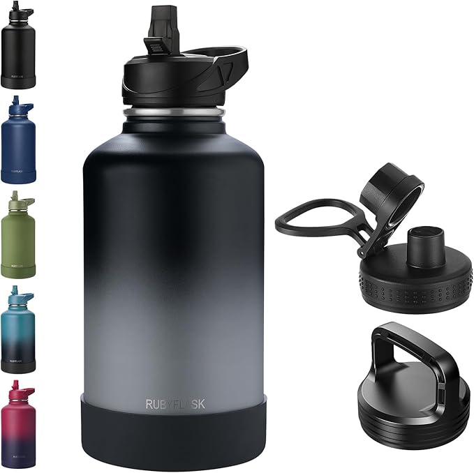RUBYFLASK 64oz Insulated Water Bottle with Straw, Half Gallon Stainless Steel Vacuum Water Jug, Large Thermal Water Bottle Flask with Leakproof 3 Lids for Travel, Camping, Gym Sports Black Gray