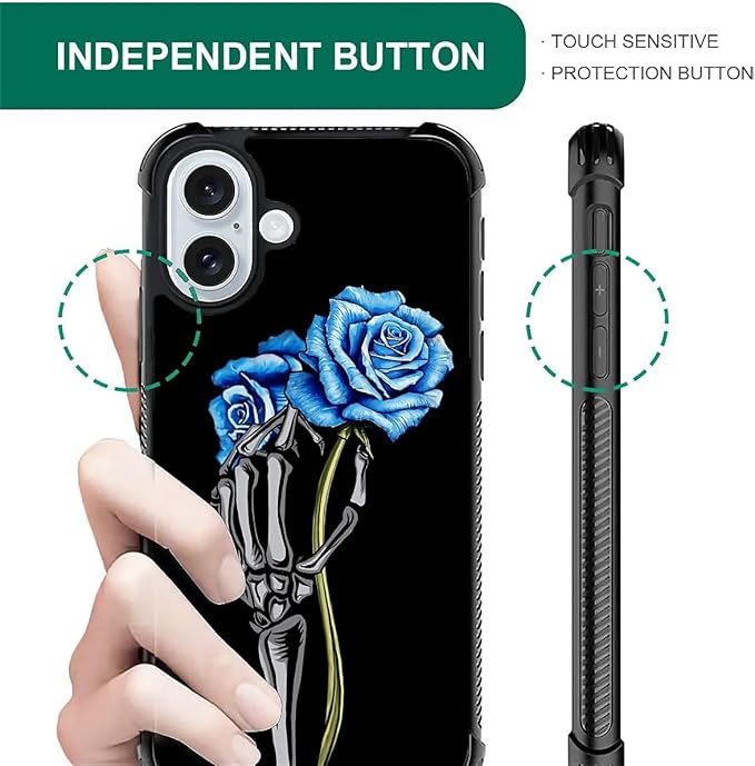 for iPhone 16 Case, Skeleton Holding Blue Rose Pattern Graphic Design Girl Boy Soft Silicone Hard Acrylic Shock Protection for iPhone 16