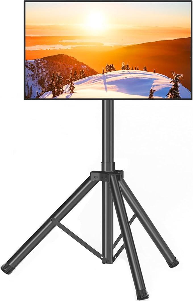Tripod TV Stand for 23-75 inch Flat Screen/Curved TVs up to 100 lbs, Outdoor TV Stand with ±15° Tilt, Height Adjustable Portable TV Stands with Safety Design, Max VESA 600x400m, Black